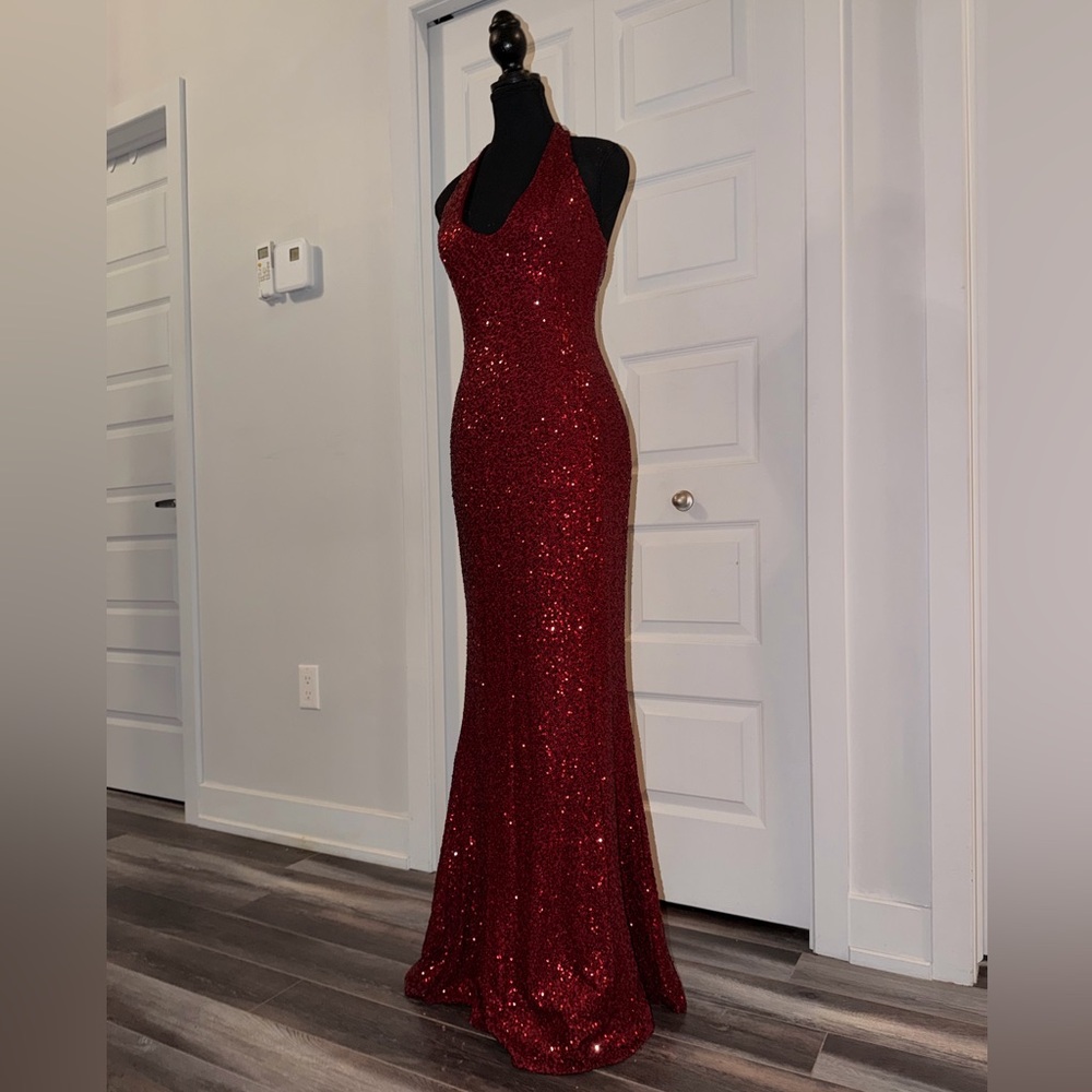 BabyBoo Fashion Elegant Burgundy Sequin Halter Dress - Picture 5 of 8